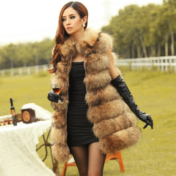 black bodycon mini dress with brown long faux fur vest