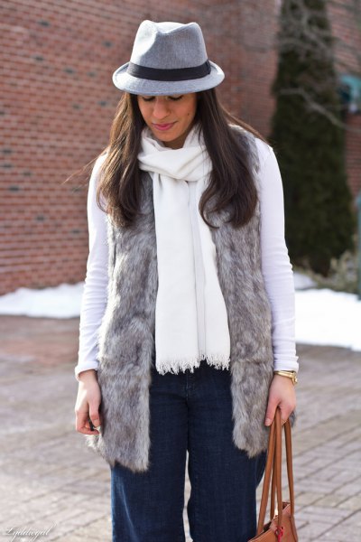 gray faux fur vest with white long sleeve tee and matching scarf