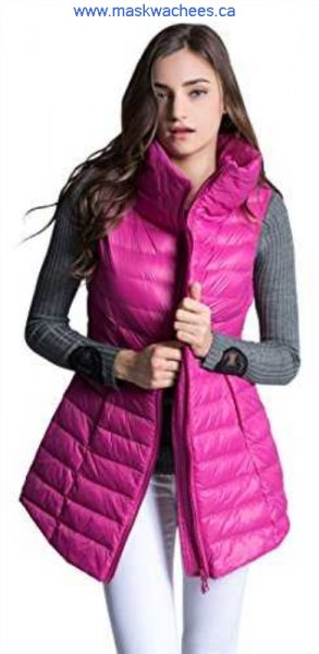 warm pink long waistcoat with gray ribbed sweater
