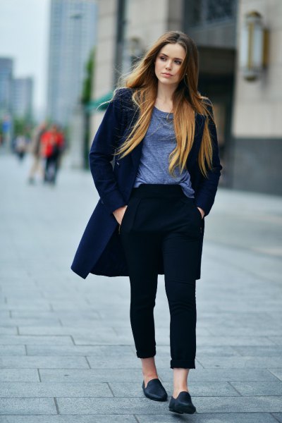dark navy wool longliner skirt with cuffed black jeans and penny suede loafers