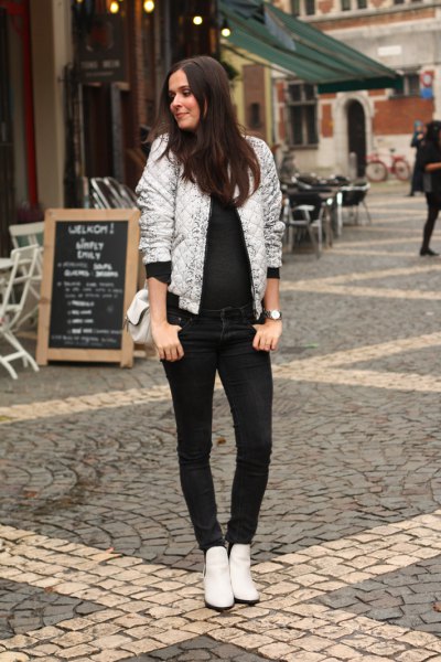 white blank bomber jacket with all black outfit