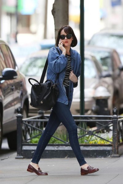 blue denim jacket with striped tee and loafers