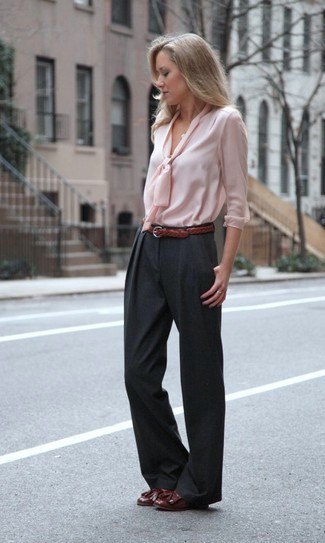 light pink ribbon front blouse with black wide leg trousers