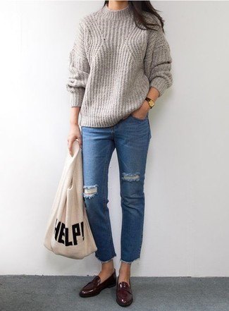 gray ribbed sweater with crew neck with blue cropped jeans and burgundy loaf