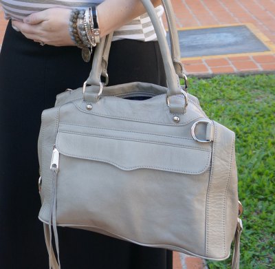 light pink soft leather handbag with gray and white striped tee