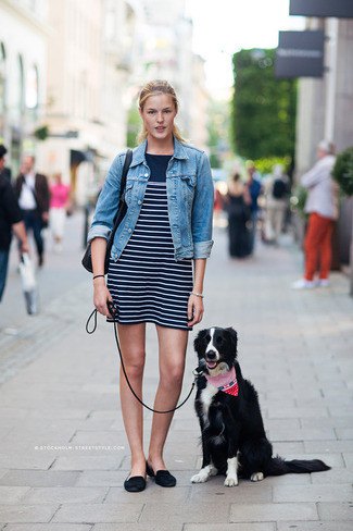 blue denim jacket with black and white striped mini-shift dress and backless suede