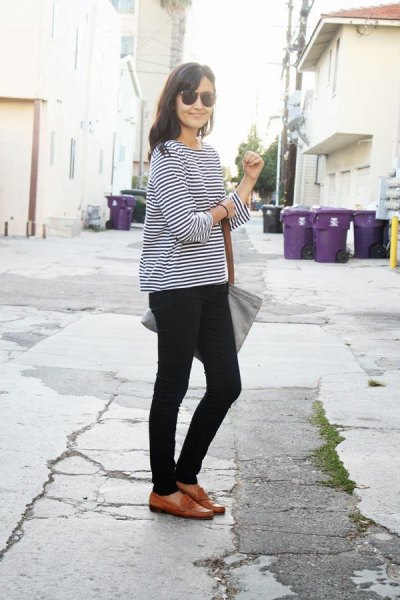 black and white striped long sleeve t-shirt with brown loafers