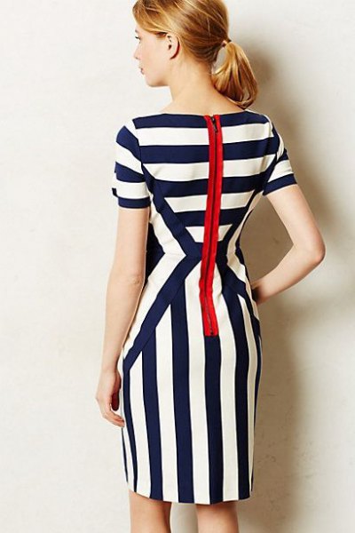 black and white striped knee-length zipper dress