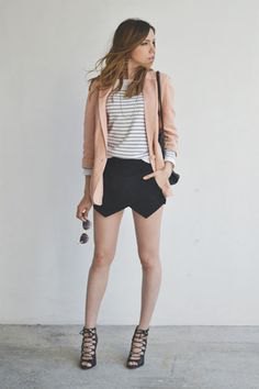 Light pink blazer with striped t-shirt and black mini skirt