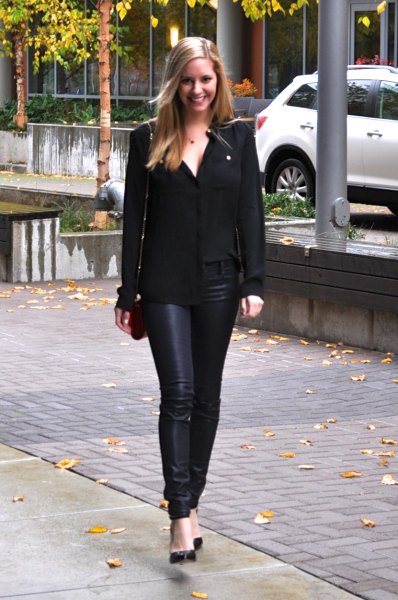 black chiffon shirt with covered jeans