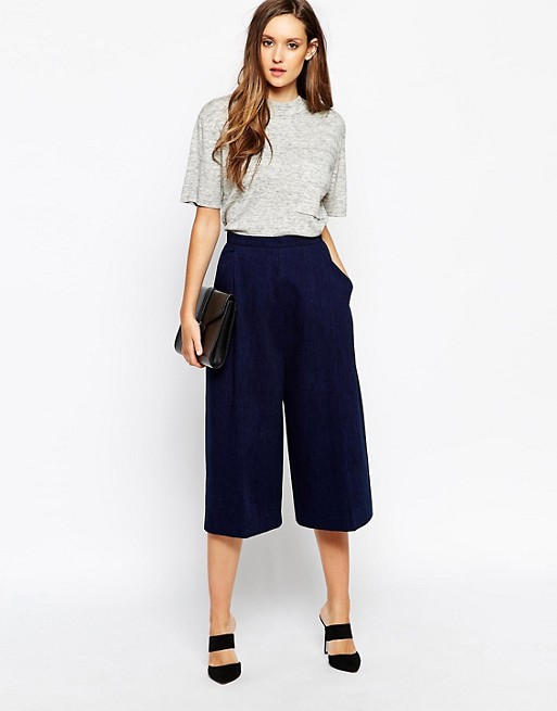 navy blue cropped wide leg trousers