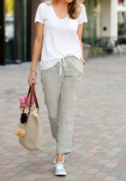 gray linen trousers white u-neck t-shirt outfit