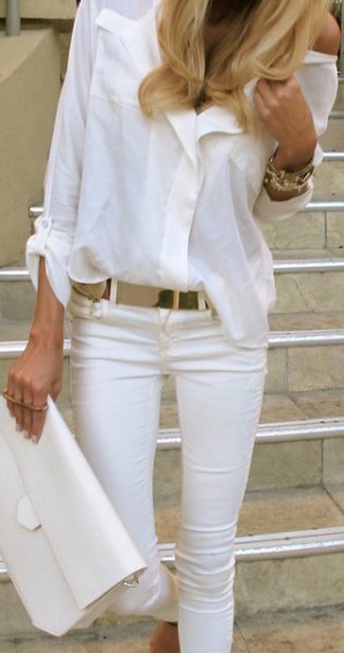 white button up shirt jeans purse