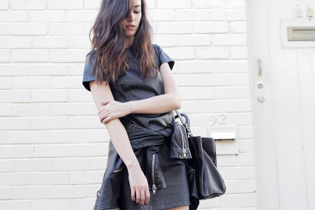 black dress leather jacket outfit