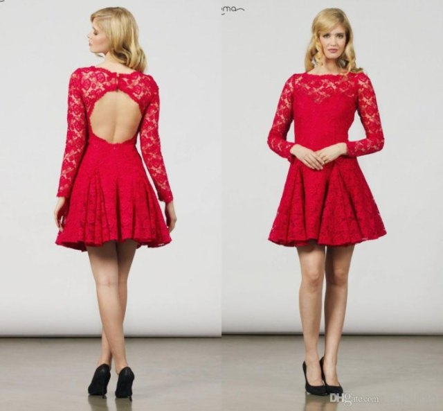 red lace cutout back long sleeve skater pleated dress