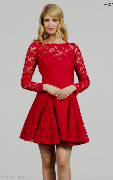 red lace fit and flare long sleeve dress