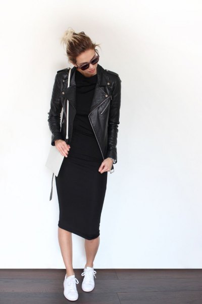 black leather jacket with midi mock neck shealth dress and sneakers
