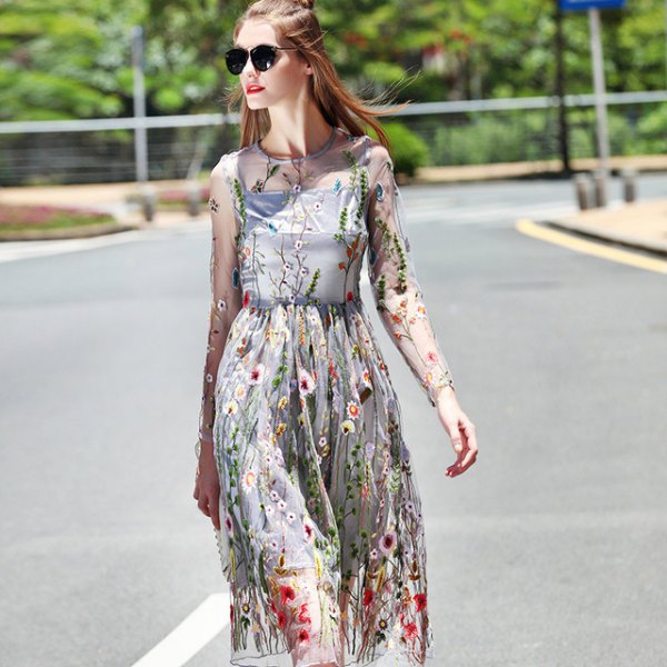 two layer chiffon floral printed midi dress at the waist with long sleeves