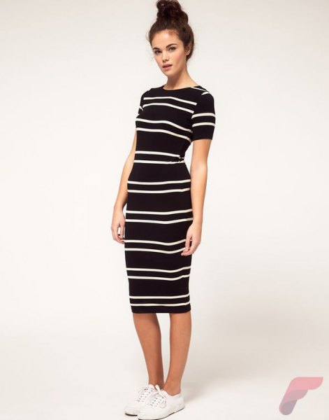 black short-sleeved horizontal striped midi sheath dress