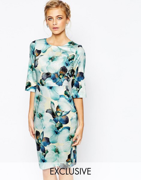 white and blue wide half-warm mantle floral printed midi dress