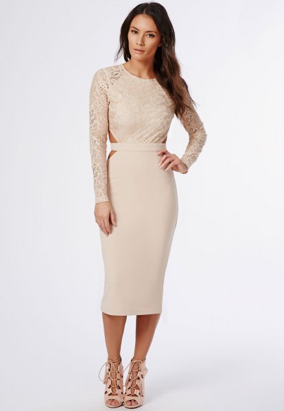 light pink lace sleeve bodycon midi dress with lace up open toe heels