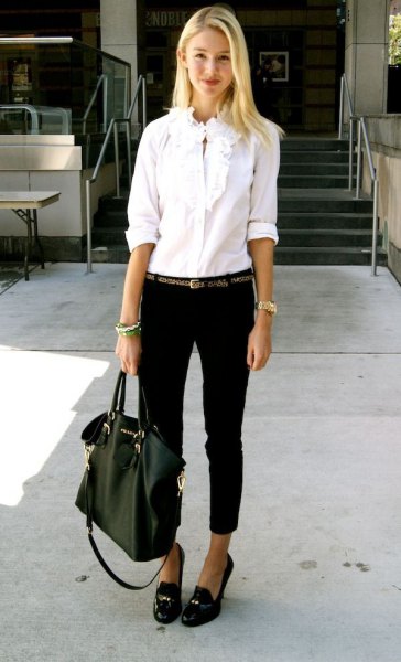 white ruffle-up shirt with black cuffed jeans and tassel loafers
