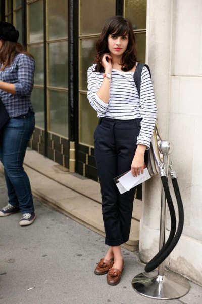 white and black striped long sleeve tee with black cropped straight benchinos