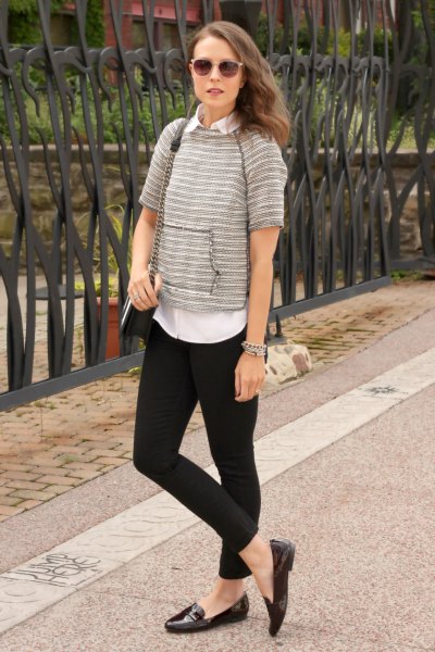 gray sweater with short sleeve with white shirt and black slip on shoes