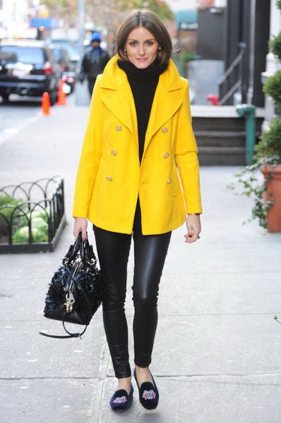 yellow oversized blazer skirt with black turtleneck chunky sweater