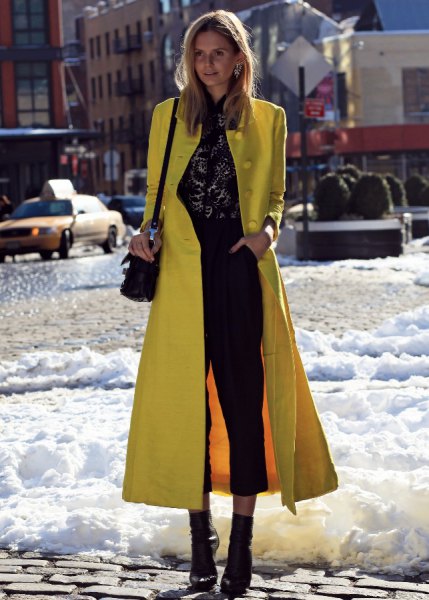 maxi slim fit lemon wool skirt with black crop jeans and boots