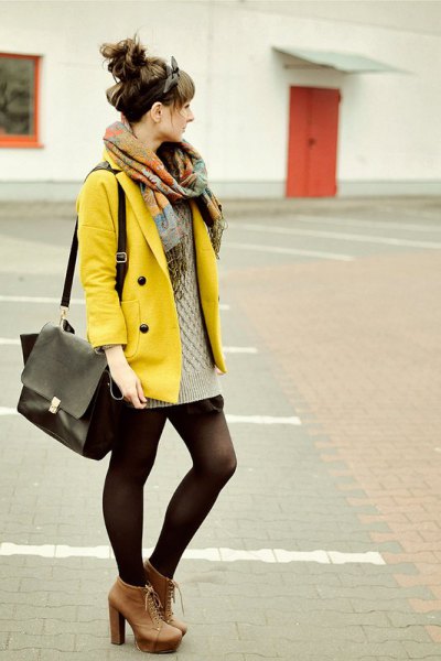yellow jacket with pink pink cable tricot mini sweater dress