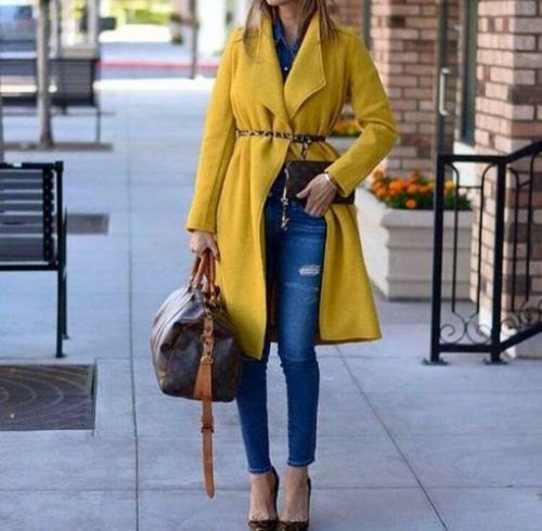 fleece belt long-line yellow coat with blue ankle skinny jeans