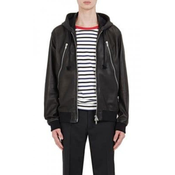 black faux fur with hood casual leather jacket with striped tee