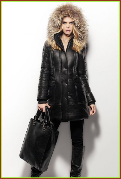 black motorcycle jacket with long line with fur hood