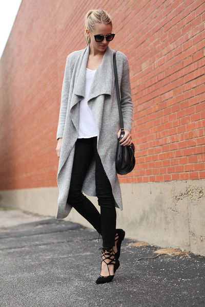 long gray gray cashmere jacket with black skinny jeans