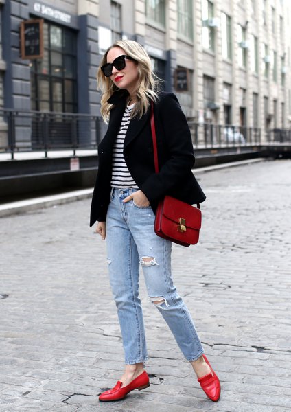 black blazer with striped tee and ripped ankle jeans