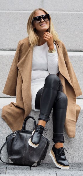 camel faux leather long jacket with ribbed tunic sweater and leggings