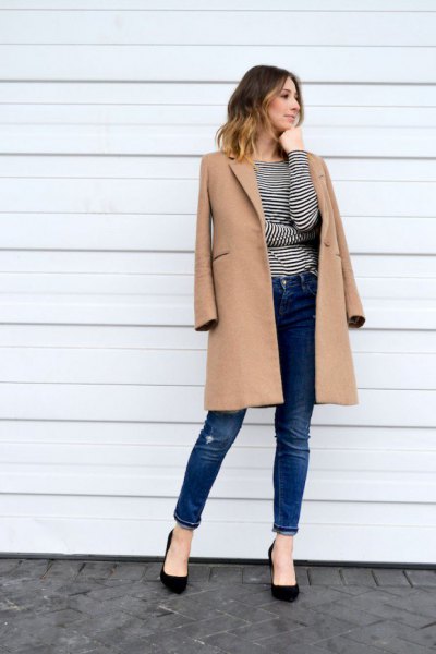 camel longline wool coat with black and white striped long sleeve tee