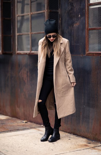 longline wool coat with all black outfit