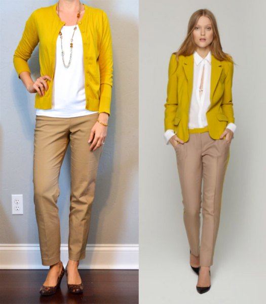 mustard sweater cardigan with white blouse and beige chinos