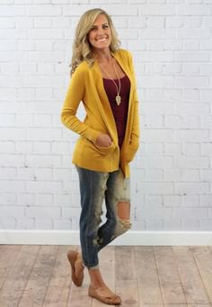 mustard yellow relaxed cardigan with gray tank top in scoop