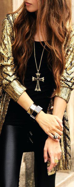gold shiny sequin long cardigan with black leather leggings