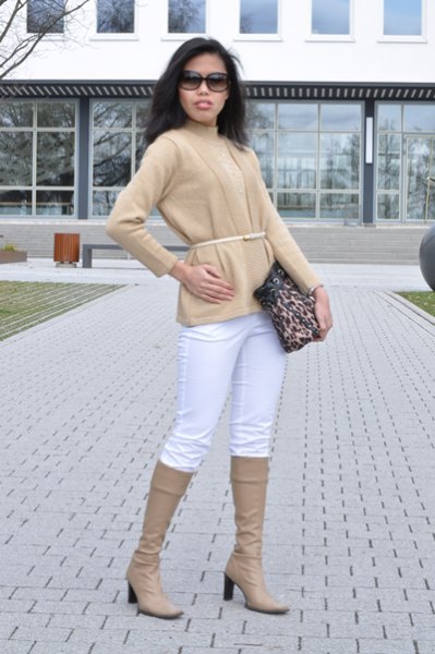 crepe-belted cardigan with matching knee-high boots and white jeans