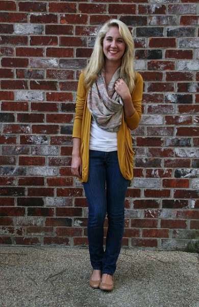 gold cardigan with pink pink infinity scarf