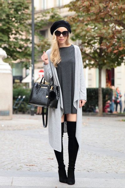 black paint hat with gray longline cardigan and high thigh boots