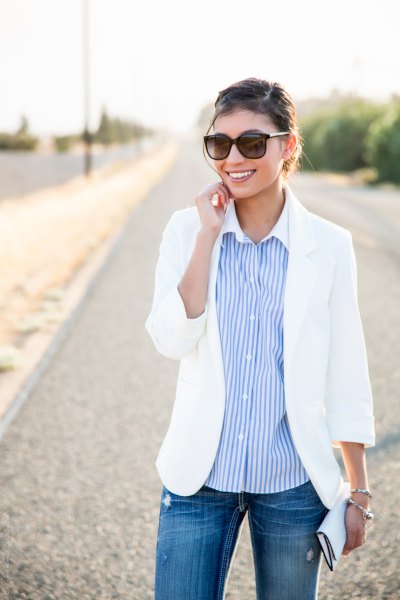 white summer casual fit blazer with sky blue striped button up shirt