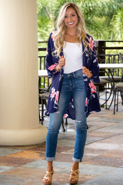navy blue long-line kimono cardigan with white top with bucket neck vest