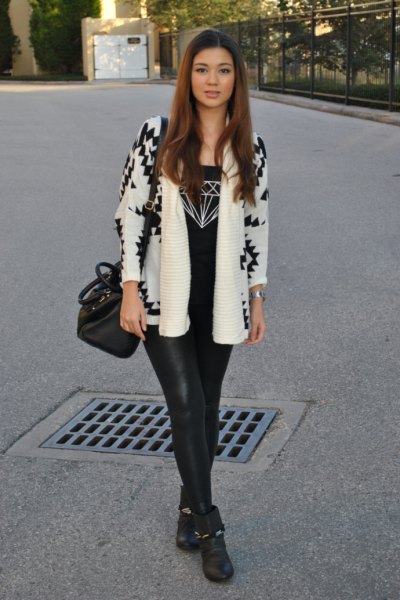 white and black printed blazer with leather legs