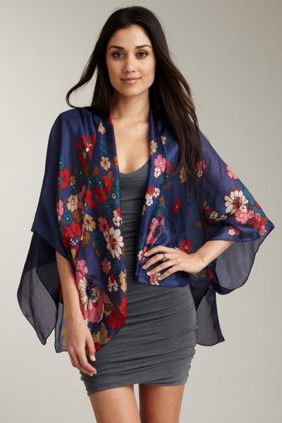 navy floral printed chiffon cardigan with gray bodycon dress with scoop neck