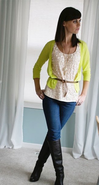 bright yellow card belt cardigan with lace blouse